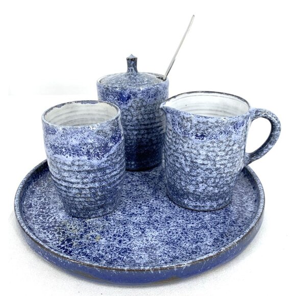 Spongeware Pottery Tea Coffee Serveware Set 4 Piece Set Signed Vintage - Picture 1 of 14